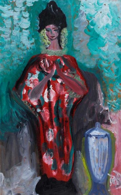 Stehende Asiatin vor blühendem Busch, Öl/Hartfaser, 78 cm x 49 cm, € 1.800,00